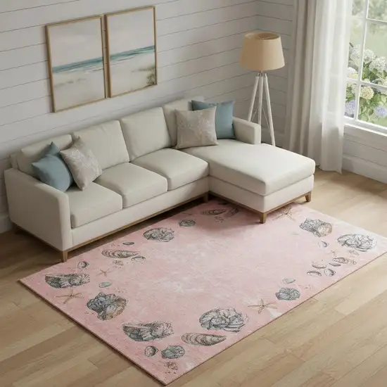 Peach Gray And Ivory Geometric Washable Area Rug With UV Protection Photo 1