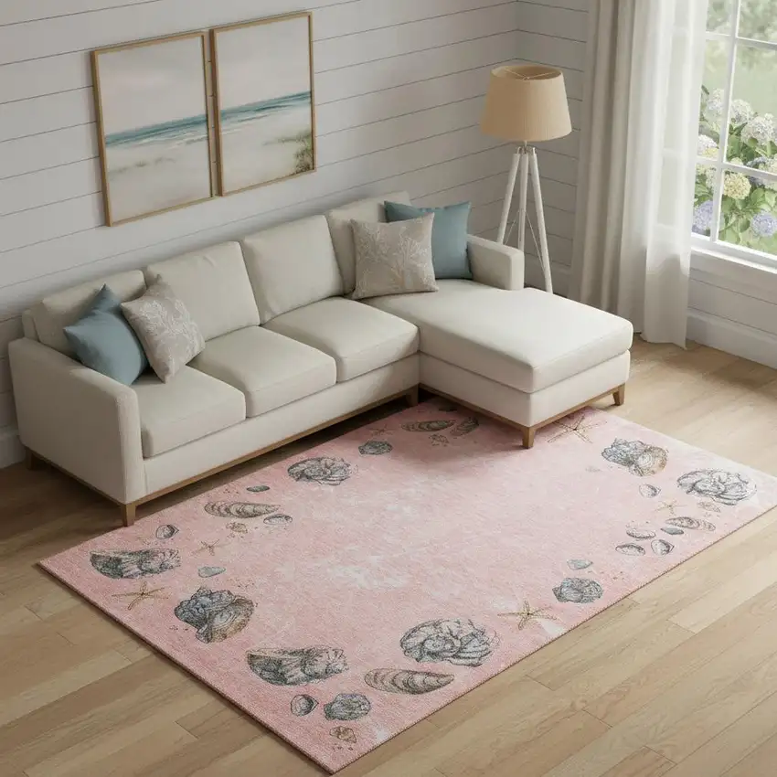 Peach Gray And Ivory Geometric Washable Area Rug With UV Protection Photo 1