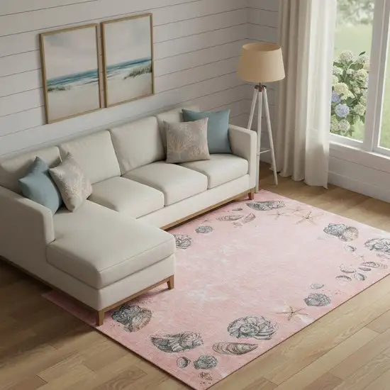 Peach Gray And Ivory Geometric Washable Area Rug With UV Protection Photo 1