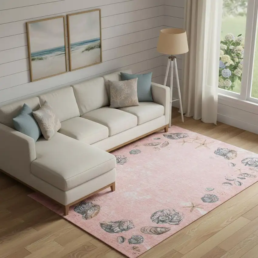 Peach Gray And Ivory Geometric Washable Area Rug With UV Protection Photo 1