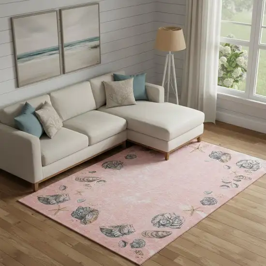 Peach Gray And Ivory Geometric Washable Area Rug With UV Protection Photo 1