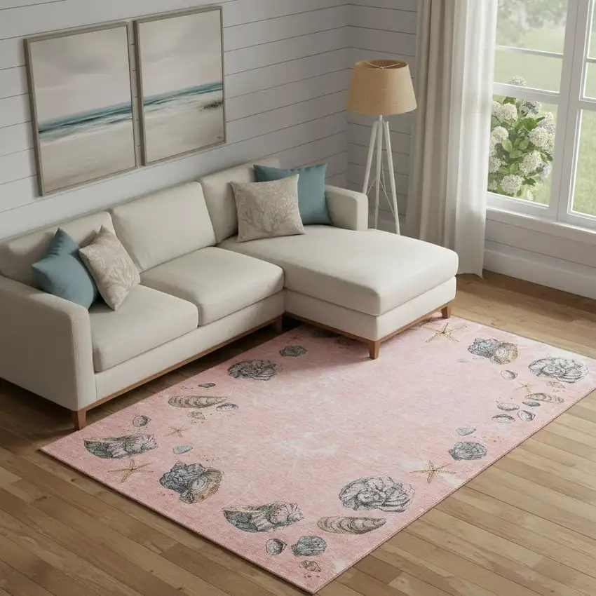 Peach Gray And Ivory Geometric Washable Area Rug With UV Protection Photo 1