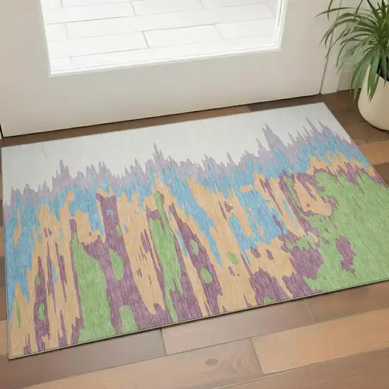 Peach Green And Blue Abstract Washable Area Rug With UV Protection Photo 2