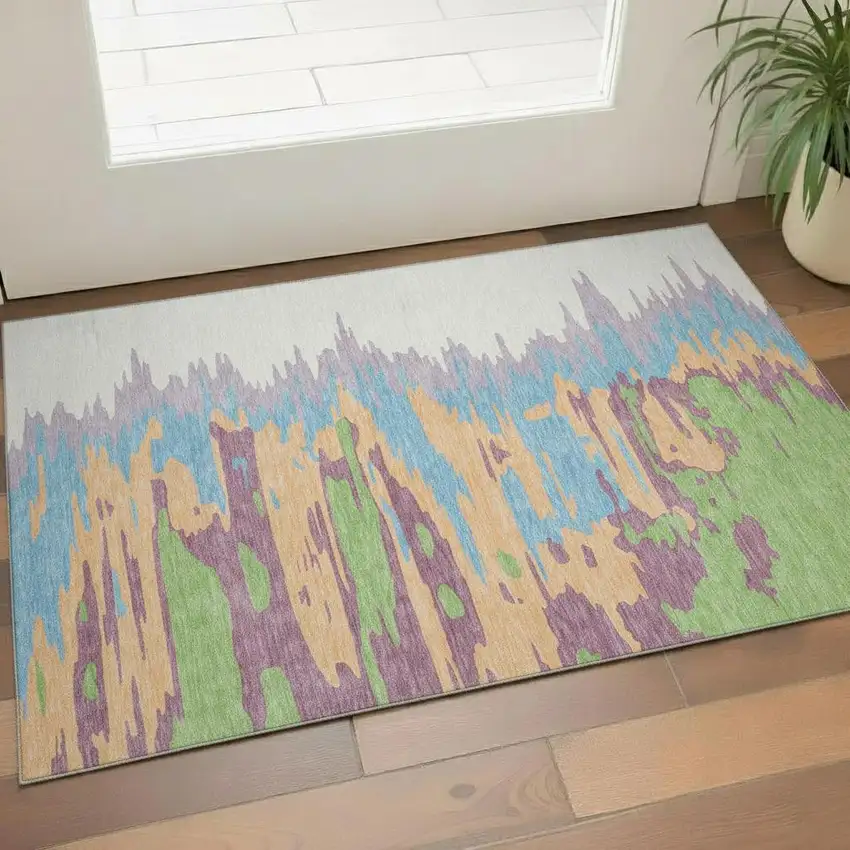 Peach Green And Blue Abstract Washable Area Rug With UV Protection Photo 2