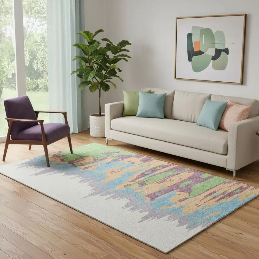 Peach Green And Blue Abstract Washable Area Rug With UV Protection Photo 2