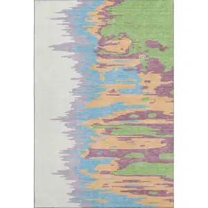 Photo of Peach Green And Blue Abstract Washable Area Rug With UV Protection
