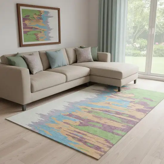 Peach Green And Blue Abstract Washable Area Rug With UV Protection Photo 2