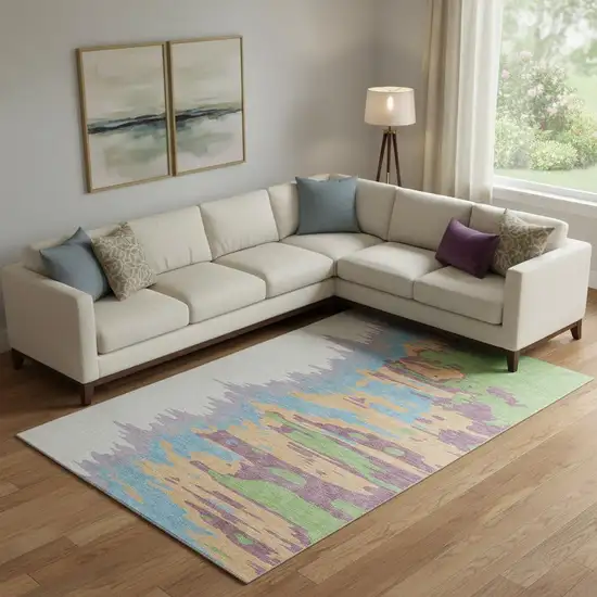 Peach Green And Blue Abstract Washable Area Rug With UV Protection Photo 2