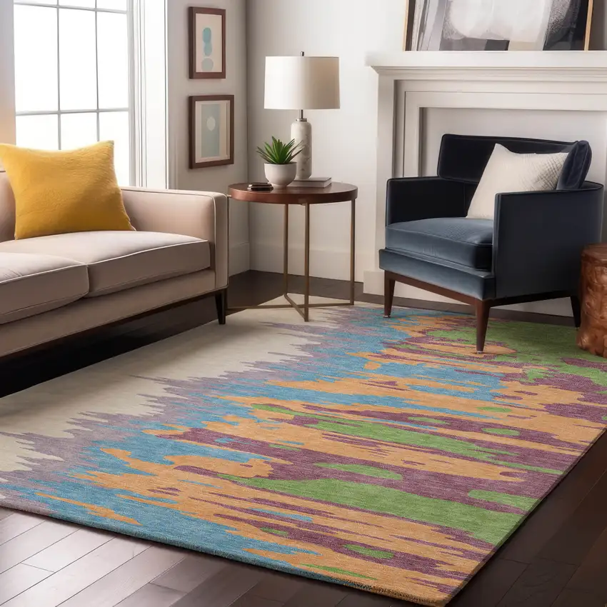 Peach Green And Blue Abstract Washable Area Rug With UV Protection Photo 4