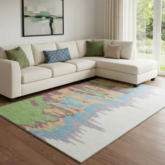 Peach Green And Blue Abstract Washable Area Rug With UV Protection Photo 2