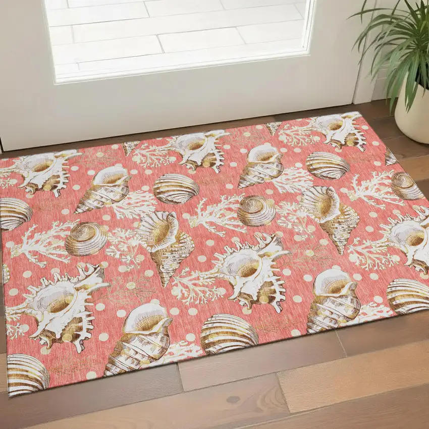 Peach Ivory And Beige Geometric Washable Area Rug With UV Protection Photo 1