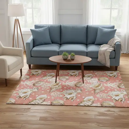 Peach Ivory And Beige Geometric Washable Area Rug With UV Protection Photo 1