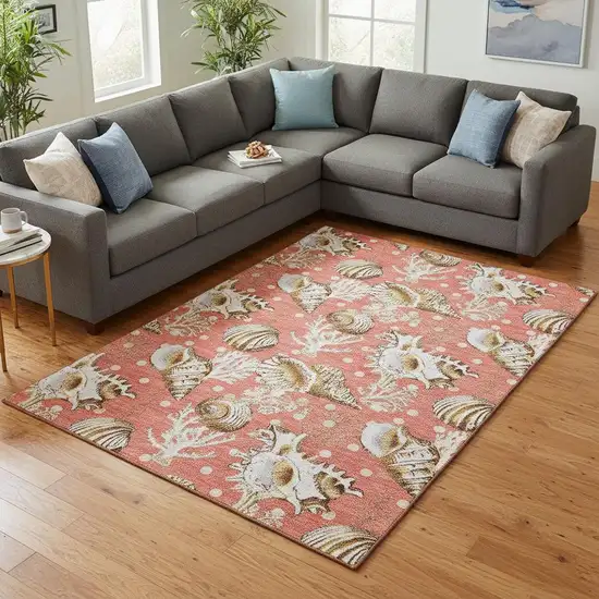 Peach Ivory And Beige Geometric Washable Area Rug With UV Protection Photo 2