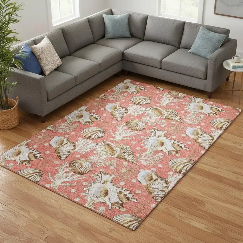 Peach Ivory And Beige Geometric Washable Area Rug With UV Protection Photo 3