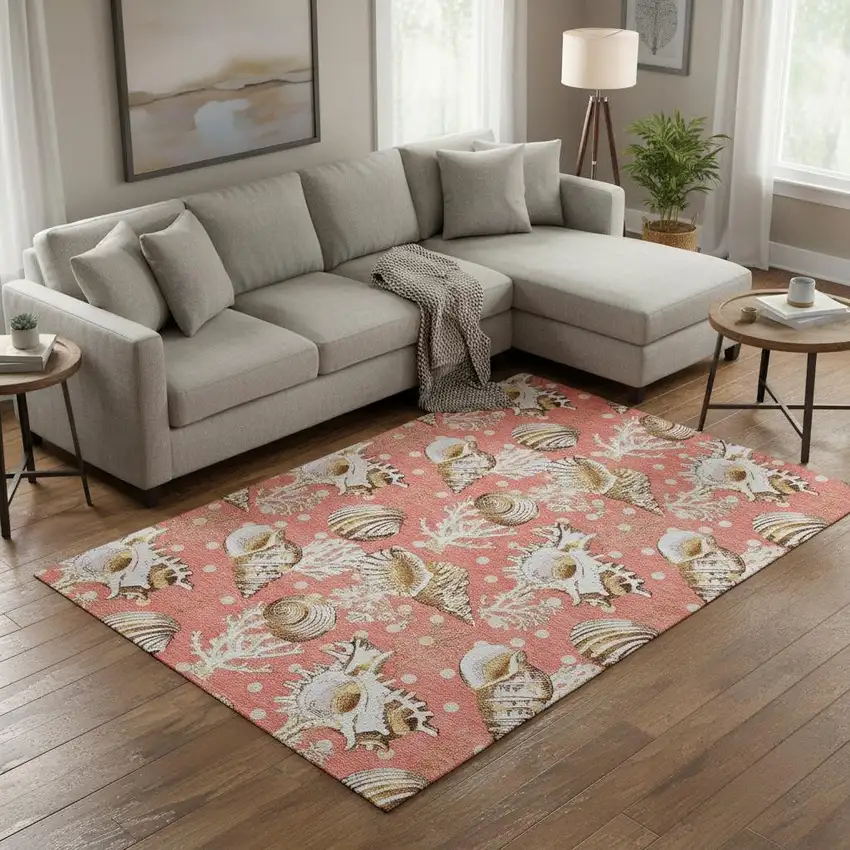 Peach Ivory And Beige Geometric Washable Area Rug With UV Protection Photo 1