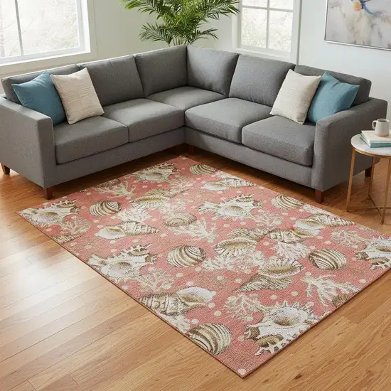 Peach Ivory And Beige Geometric Washable Area Rug With UV Protection Photo 1