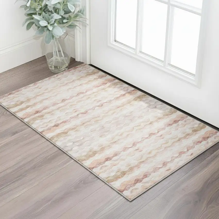 Peach Ivory And Beige Geometric Washable Area Rug With UV Protection Photo 1