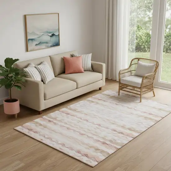 Peach Ivory And Beige Geometric Washable Area Rug With UV Protection Photo 1