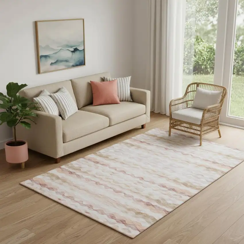 Peach Ivory And Beige Geometric Washable Area Rug With UV Protection Photo 1