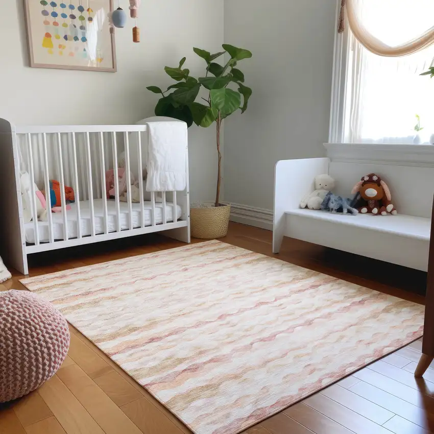 Peach Ivory And Beige Geometric Washable Area Rug With UV Protection Photo 5