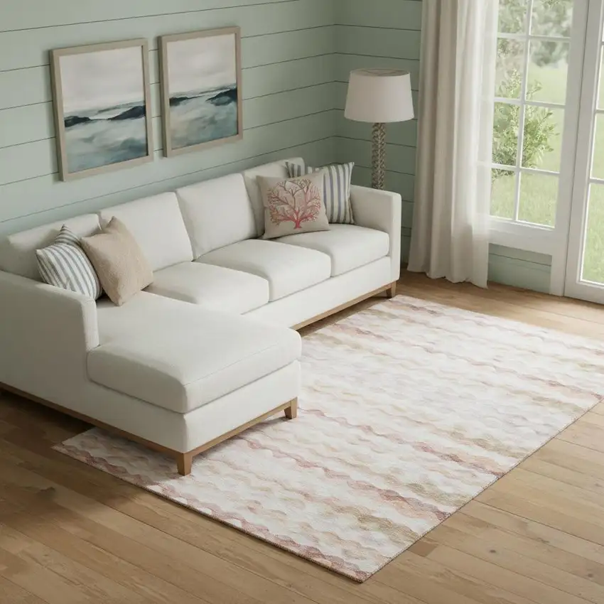 Peach Ivory And Beige Geometric Washable Area Rug With UV Protection Photo 1