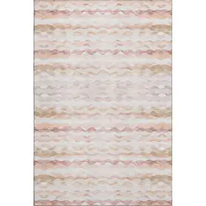 Photo of Peach Ivory And Beige Geometric Washable Area Rug With UV Protection
