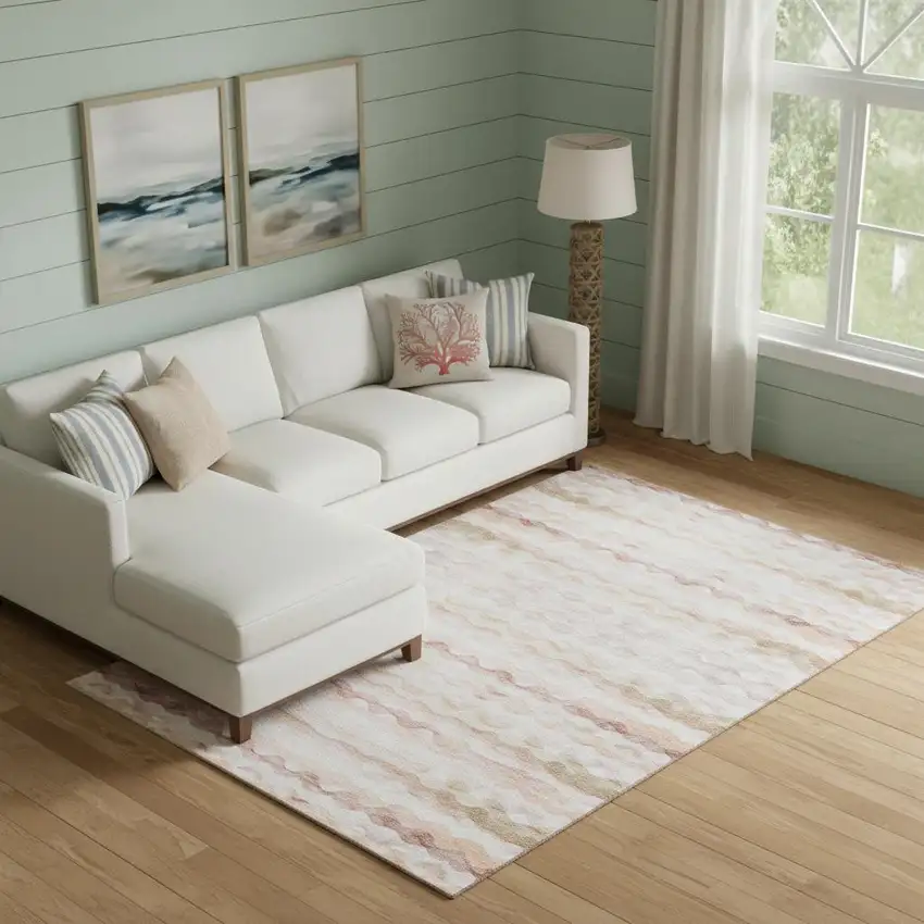 Peach Ivory And Beige Geometric Washable Area Rug With UV Protection Photo 1