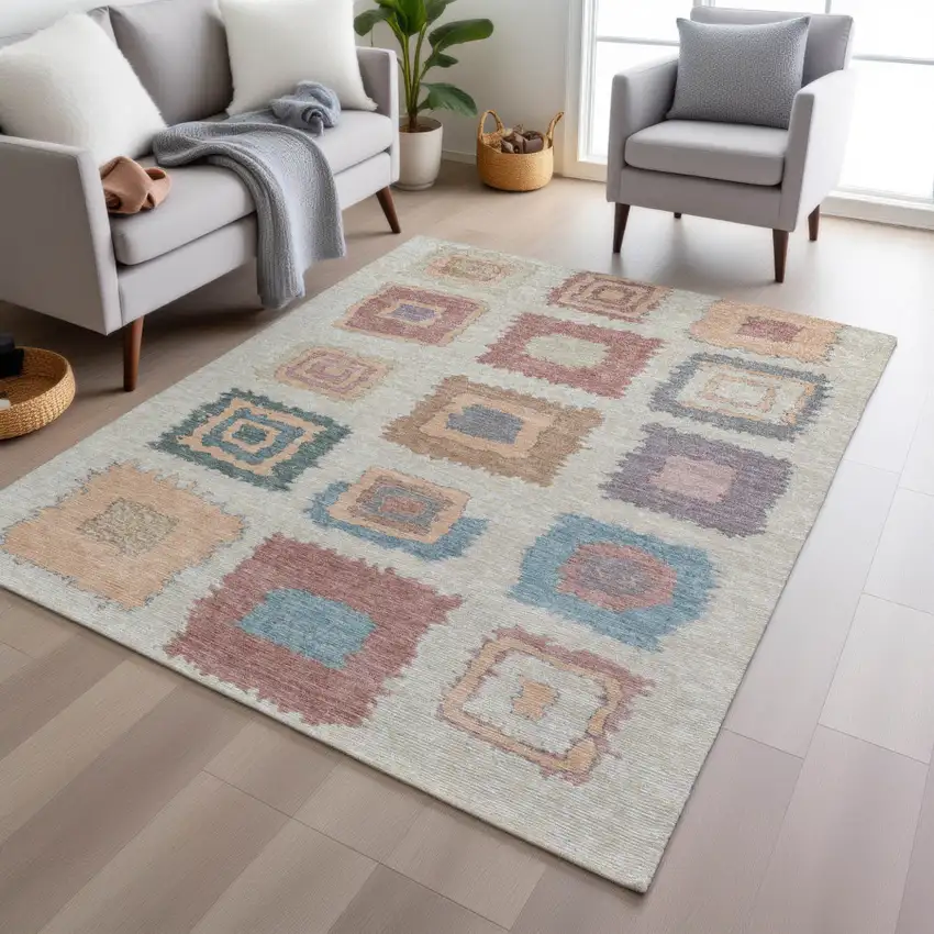 Peach Ivory And Beige Geometric Washable Indoor Outdoor Area Rug Photo 6