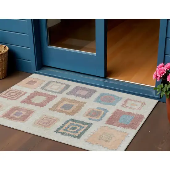 Peach Ivory And Beige Geometric Washable Indoor Outdoor Area Rug Photo 2