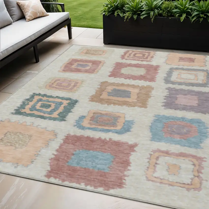 Peach Ivory And Beige Geometric Washable Indoor Outdoor Area Rug Photo 2