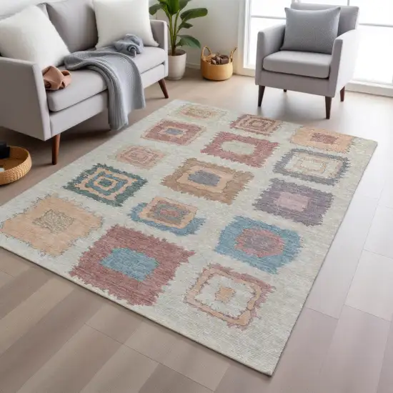 Peach Ivory And Beige Geometric Washable Indoor Outdoor Area Rug Photo 6