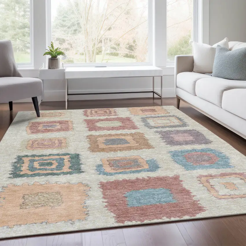 Peach Ivory And Beige Geometric Washable Indoor Outdoor Area Rug Photo 7