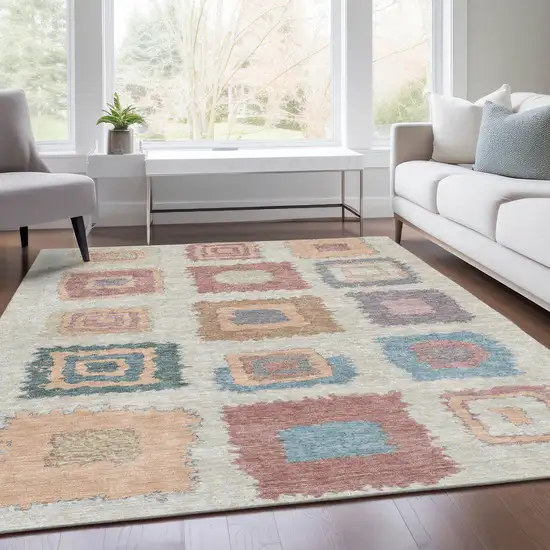 Peach Ivory And Beige Geometric Washable Indoor Outdoor Area Rug Photo 7