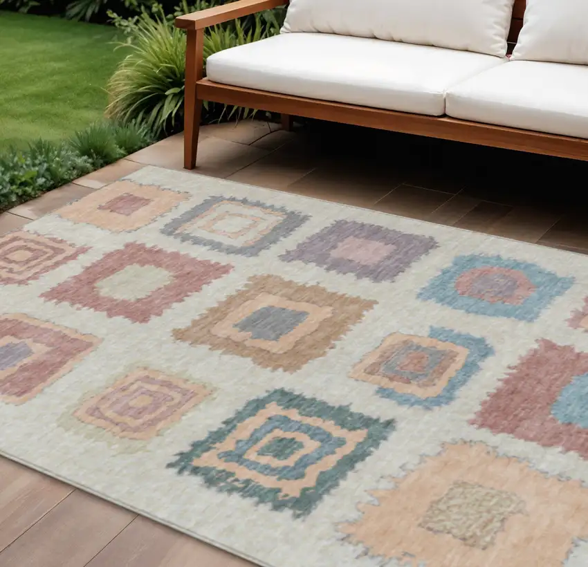 Peach Ivory And Beige Geometric Washable Indoor Outdoor Area Rug Photo 2