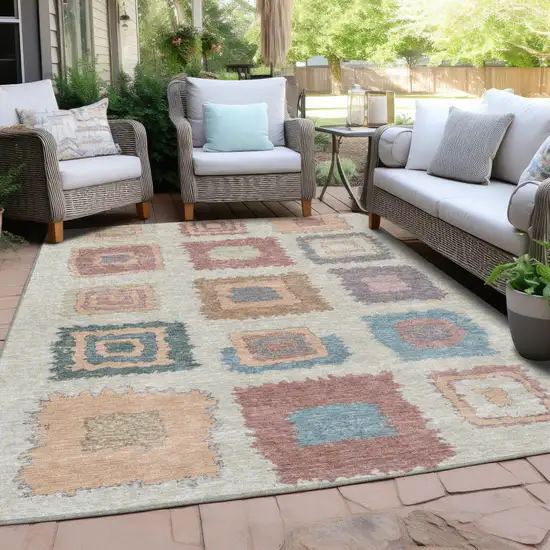 Peach Ivory And Beige Geometric Washable Indoor Outdoor Area Rug Photo 5