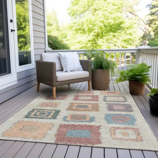 Peach Ivory And Beige Geometric Washable Indoor Outdoor Area Rug Photo 8