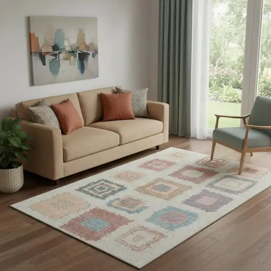 Peach Ivory And Blue Geometric Washable Area Rug With UV Protection Photo 2