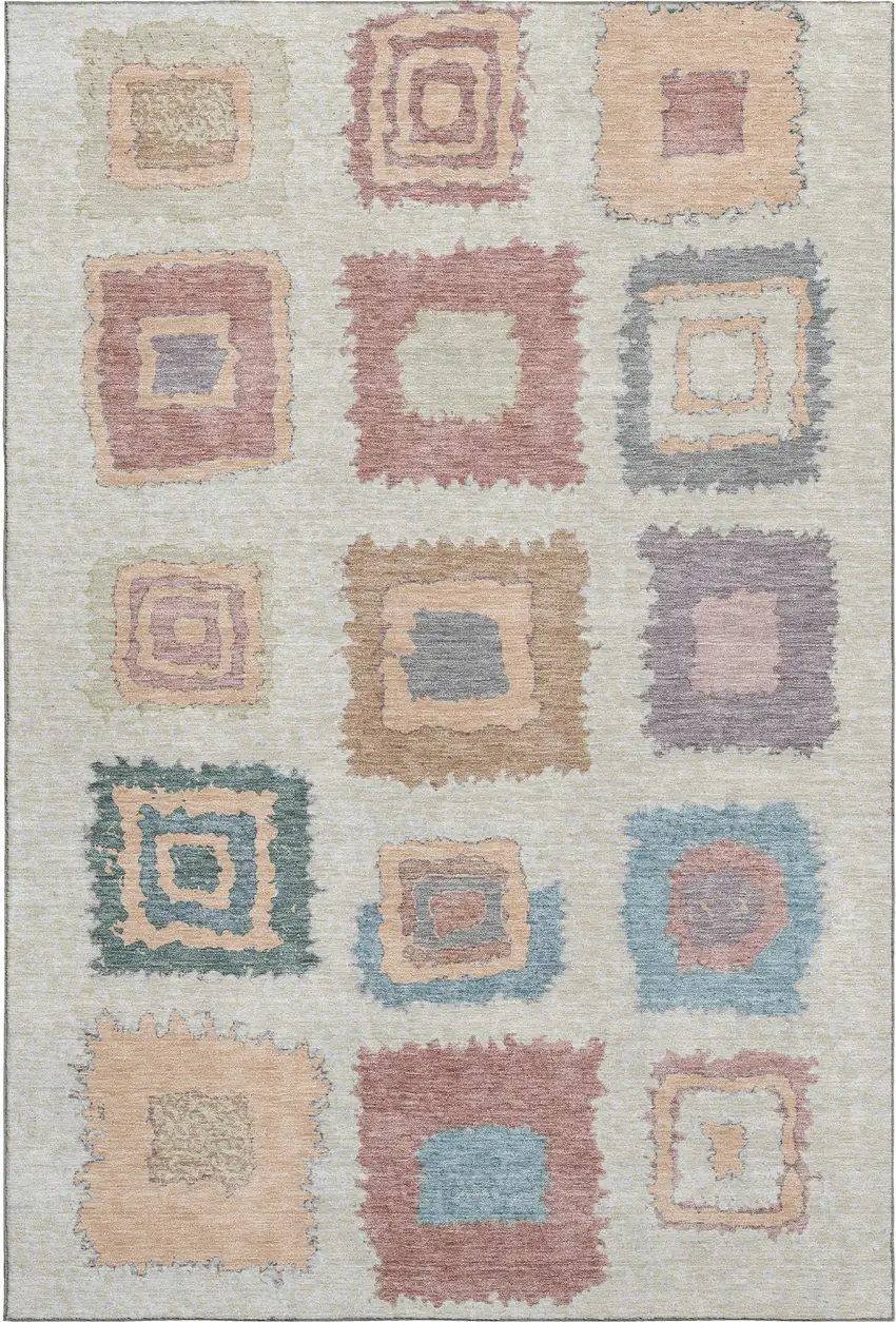 Peach Ivory And Blue Geometric Washable Area Rug With UV Protection Photo 1