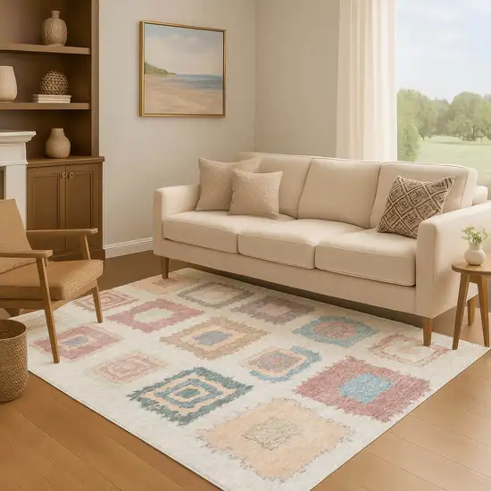 Peach Ivory And Blue Geometric Washable Area Rug With UV Protection Photo 6