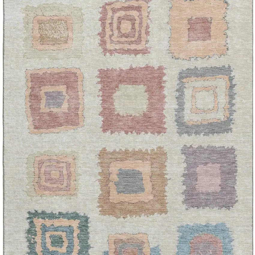 Peach Ivory And Blue Geometric Washable Area Rug With UV Protection Photo 3
