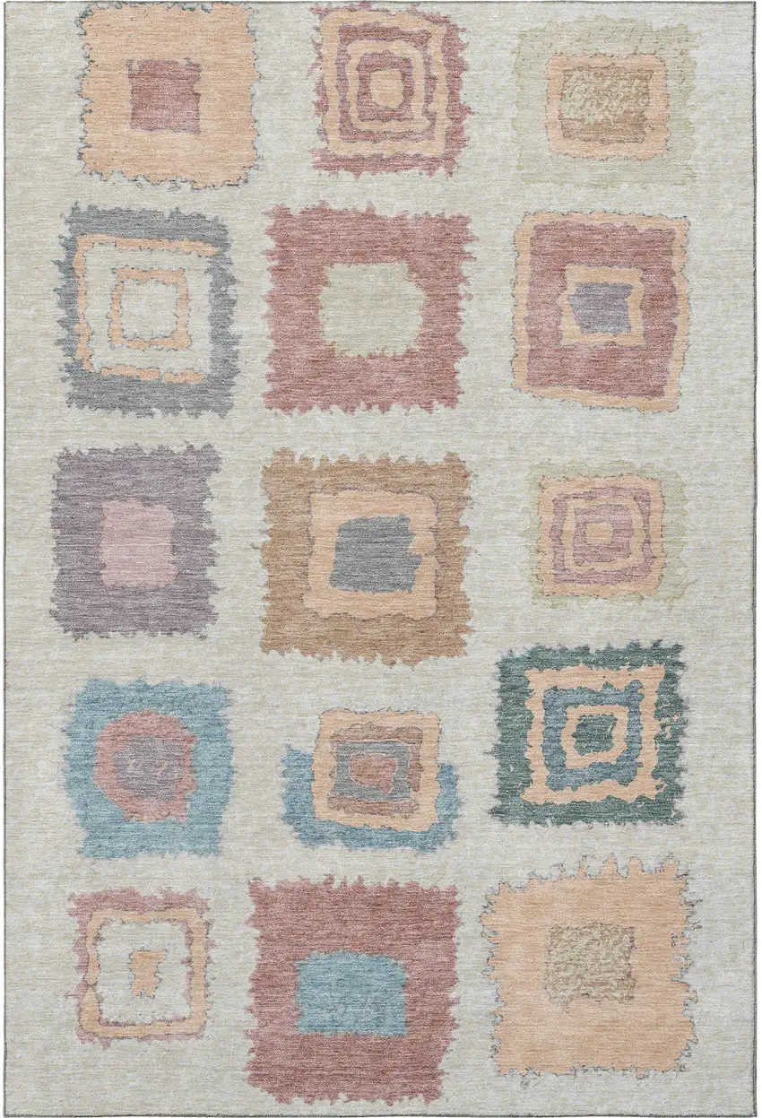 Peach Ivory And Blue Geometric Washable Area Rug With UV Protection Photo 4