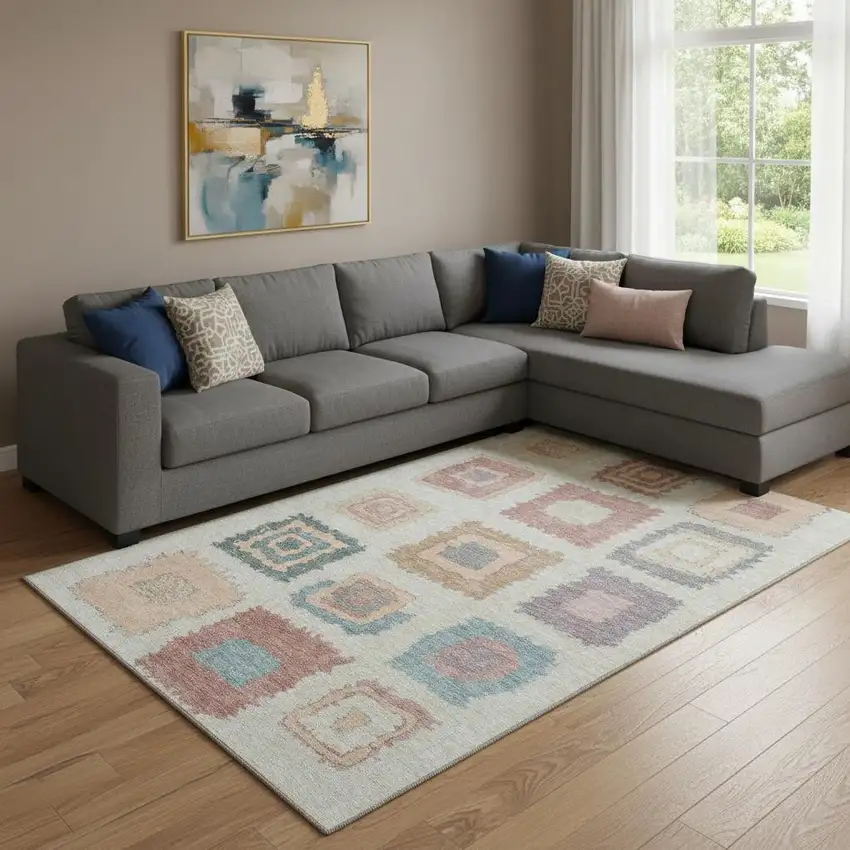 Peach Ivory And Blue Geometric Washable Area Rug With UV Protection Photo 2