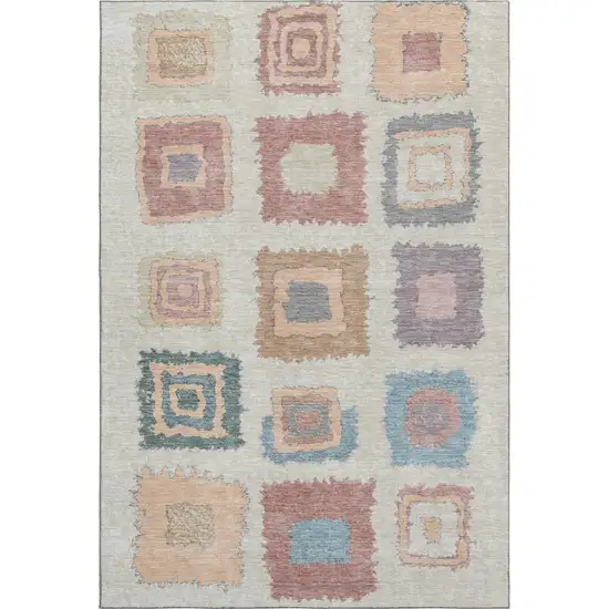 Peach Ivory And Blue Geometric Washable Area Rug With UV Protection Photo 1