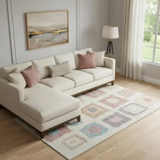 Peach Ivory And Blue Geometric Washable Area Rug With UV Protection Photo 2