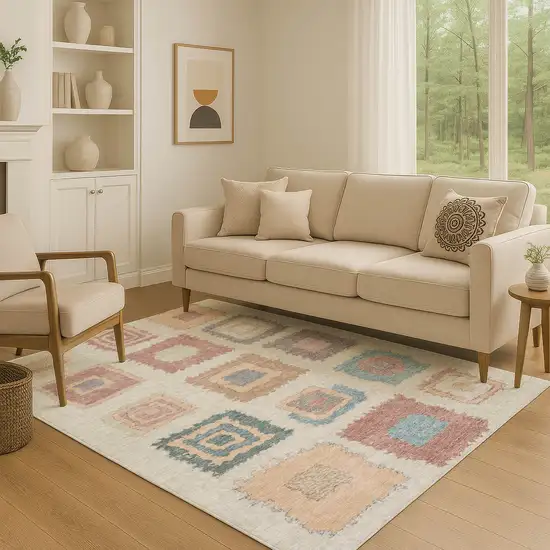 Peach Ivory And Blue Geometric Washable Area Rug With UV Protection Photo 5