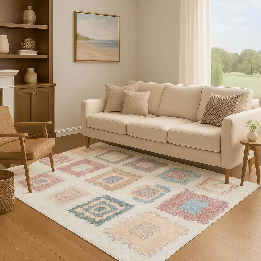 Peach Ivory And Blue Geometric Washable Area Rug With UV Protection Photo 6