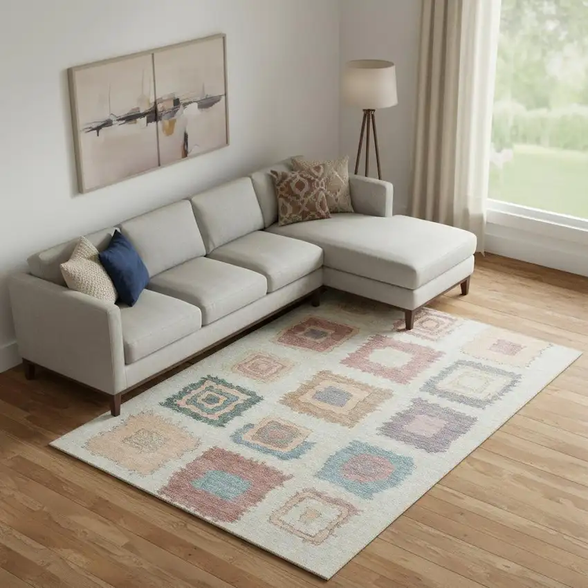 Peach Ivory And Blue Geometric Washable Area Rug With UV Protection Photo 2