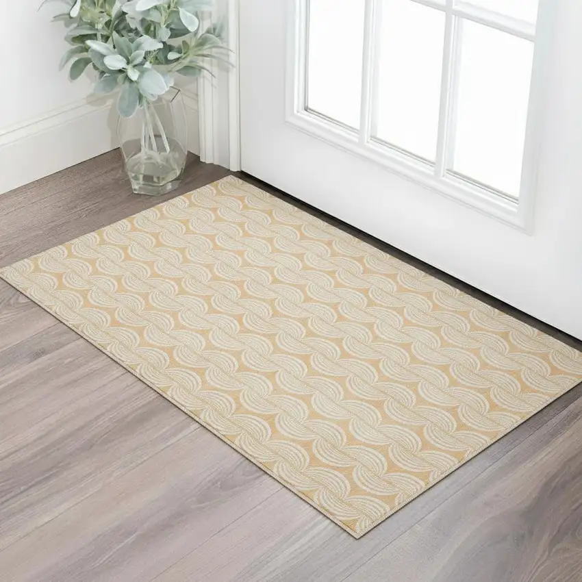 Peach Ivory And Brown Ogee Washable Area Rug With UV Protection Photo 2