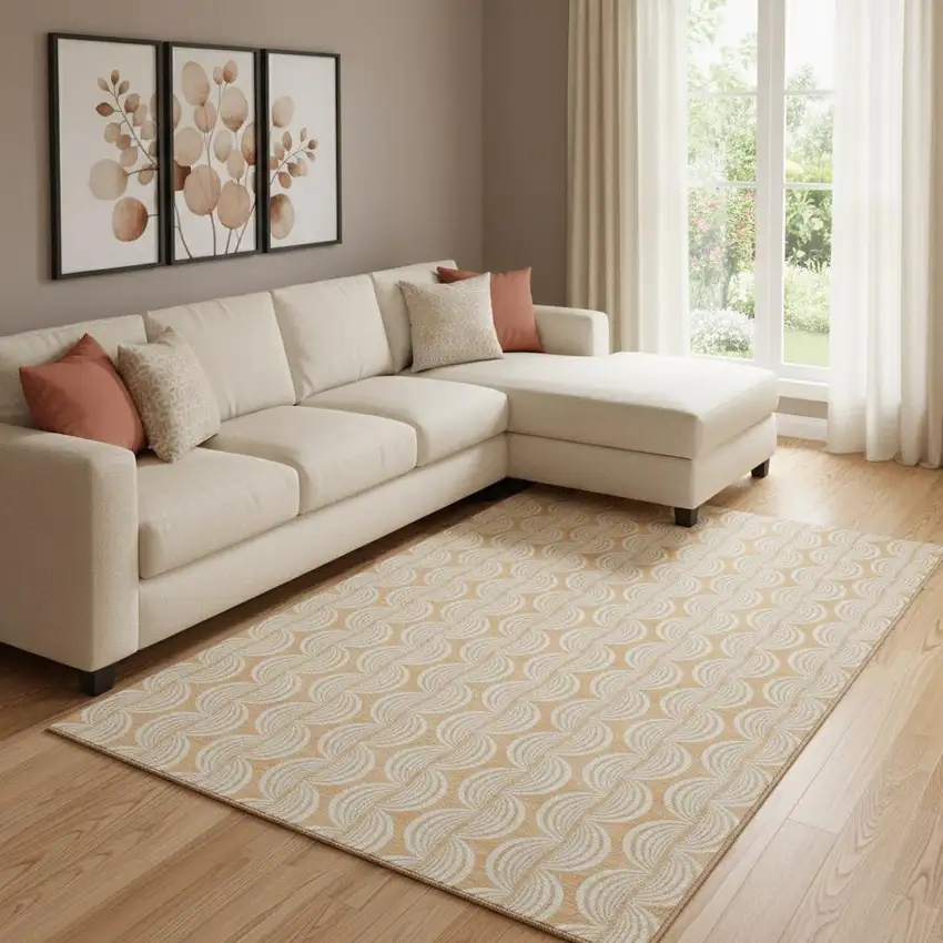 Peach Ivory And Brown Ogee Washable Area Rug With UV Protection Photo 2