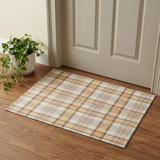 Peach Ivory And Brown Plaid Washable Area Rug With UV Protection Photo 1